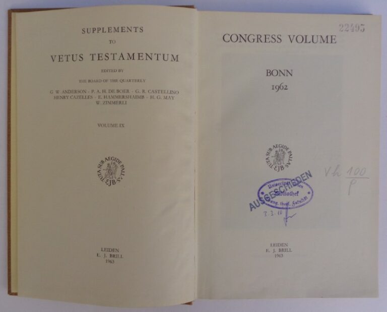 | Supplements to Vetus Testamentum. Vol. IX: Congress Volume Bonn 1962.